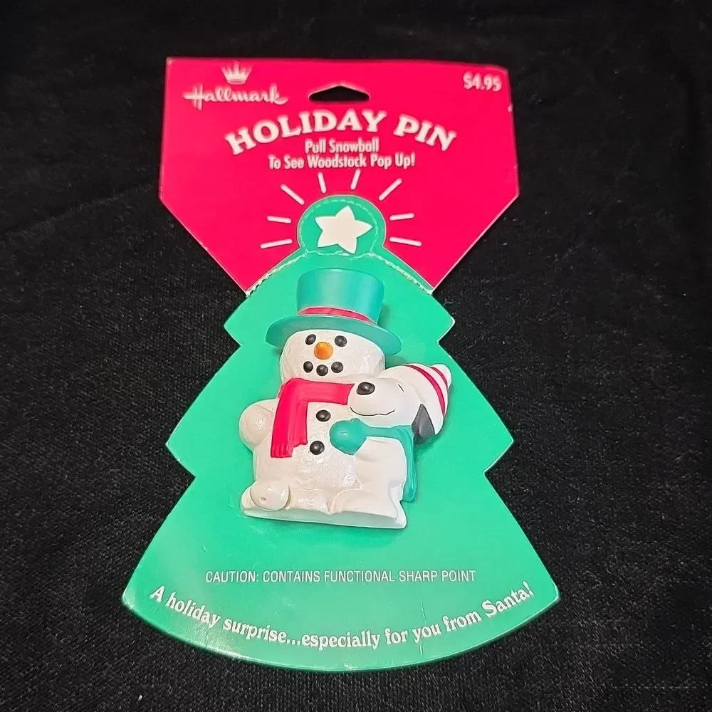 Hallmark Holiday Pin with Snowman Woodstood & Snoopy Dog -‎ Red and Green NWT